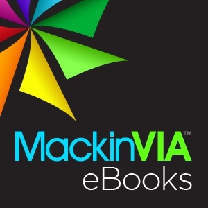 Blue, green, and white text reading "MackinVIA eBooks" on a black background accompanied by a rainbow pinwheel.