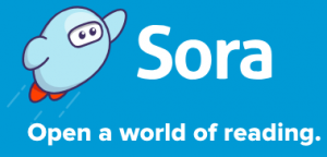 White text reading "Sora Open a world of reading" on a blue background accompanied by a small, anthropomorphized rocket.
