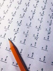 A photograph of a multiplication worksheet.