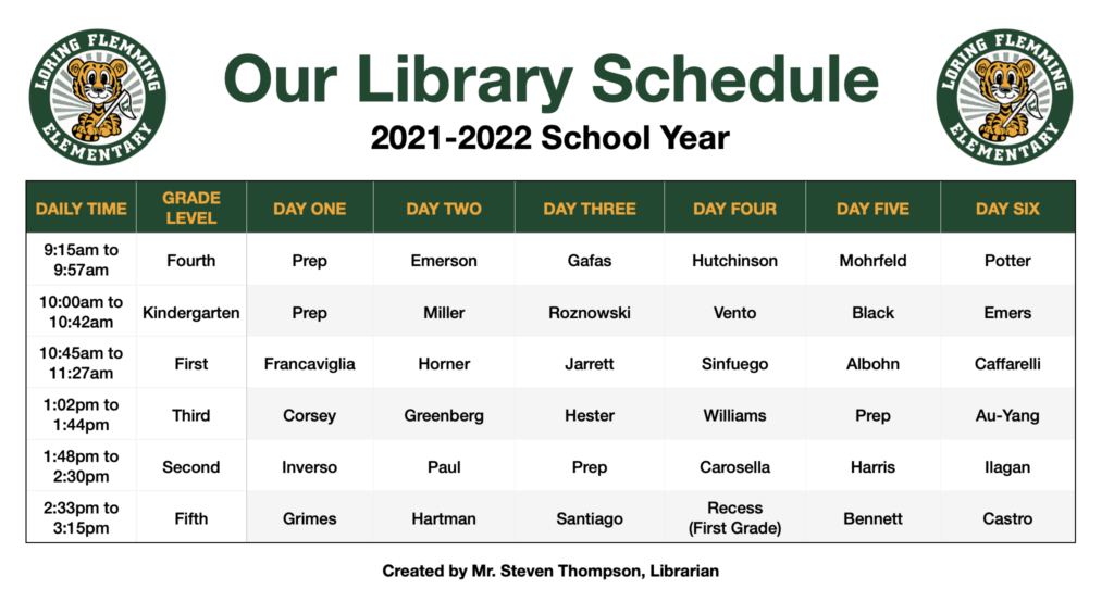 A spreadsheet containing Loring Flemming Elementary School's A spreadsheet containing Loring Flemming Elementary School's Library Special Schedule